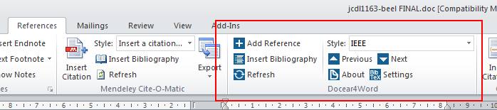 Docear4Word in the "References" ribbon of Microsoft Word 2010