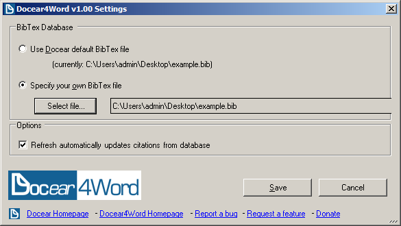 Docear4Word settings dialog for changing the BibTeX file